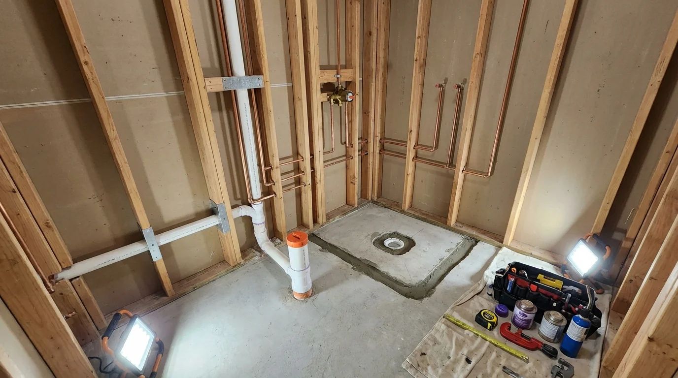 Bathroom rough-in plumbing during remodel by Johns Plumbing LLC in Sweetwater