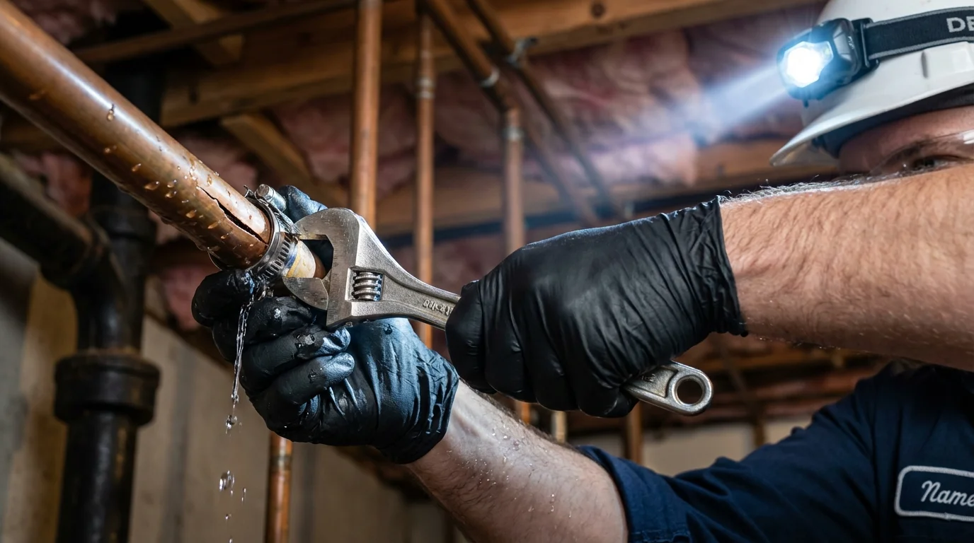 Emergency pipe clamp repair being performed by a Johns Plumbing LLC plumber in Sweetwater