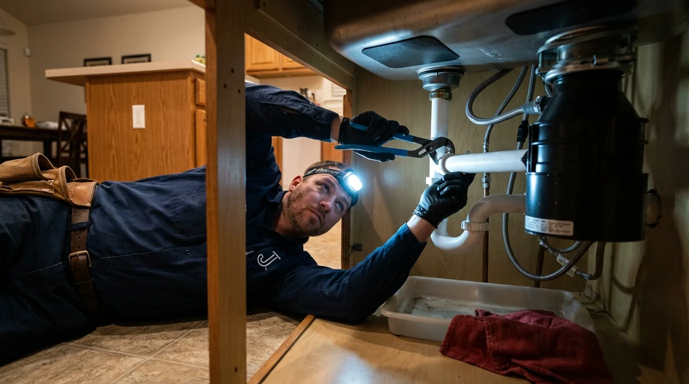 P-trap and supply line connections under a kitchen sink showing a common leak point in Sweetwater, TN